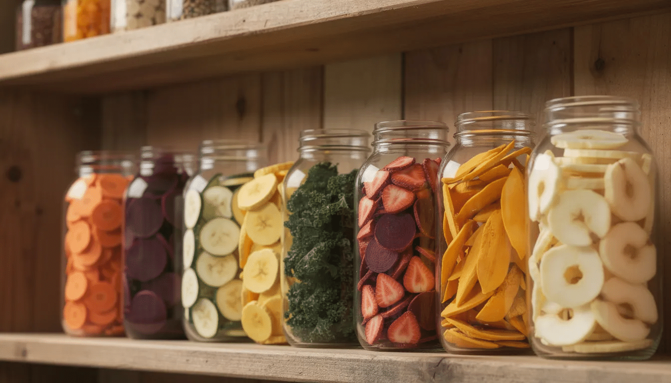 The image features a wooden shelf displaying an array of glass jars filled with vibrant, dehydrated fruits and vegetables, showcasing the art of preserving food. This colorful assortment highlights various snacks that can be made using a food dehydrator, perfect for those looking to enhance their home essentials.