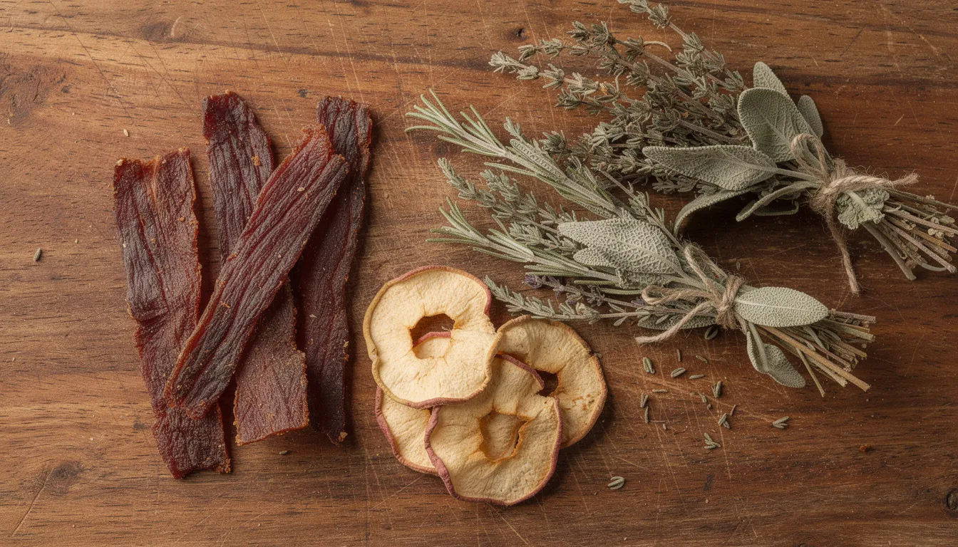 March 4, 2026 | The image features a variety of dried foods, including jerky strips, dried apple rings, and herb bundles, beautifully arranged on a wooden surface, showcasing the results of the drying process typically achieved with a food dehydrator. The assortment highlights the versatility of dehydrated snacks, perfect for healthy eating and meal prep.
