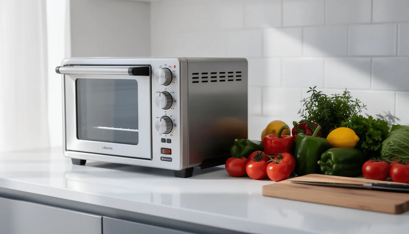 A sleek stainless steel air fryer toaster oven is positioned on a modern kitchen counter, surrounded by fresh fruits and vegetables, showcasing its versatility for cooking and dehydrating food. The oven features a door that opens to reveal its spacious interior, perfect for roasting meats or preparing healthy meals with ease.