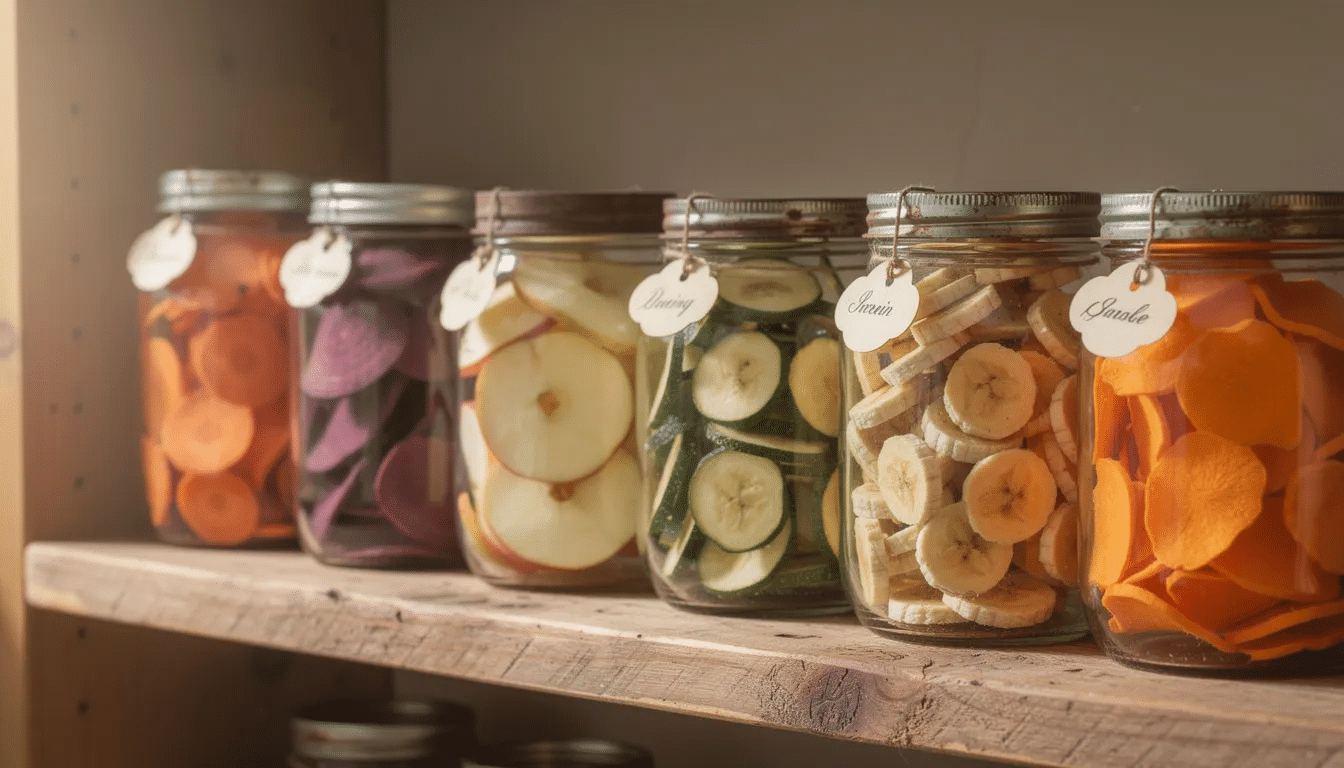 The image features glass mason jars filled with an assortment of dehydrated fruits and vegetable chips, including apple slices and mangoes, neatly arranged on a rustic wooden shelf. This display showcases the vibrant colors and textures of the dehydrated foods, emphasizing their appeal as nutritious snacks that can be stored in airtight containers for long-lasting freshness.