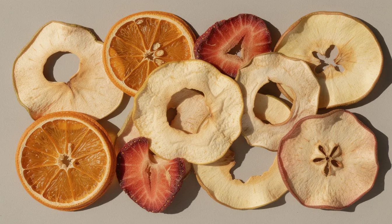 The image features a vibrant assortment of dried fruit slices, including oranges, apples, and strawberries, artfully arranged on a surface. These colorful pieces showcase the results of using a food dehydrator, highlighting the variety and taste of processed fruits that can be achieved with this machine.