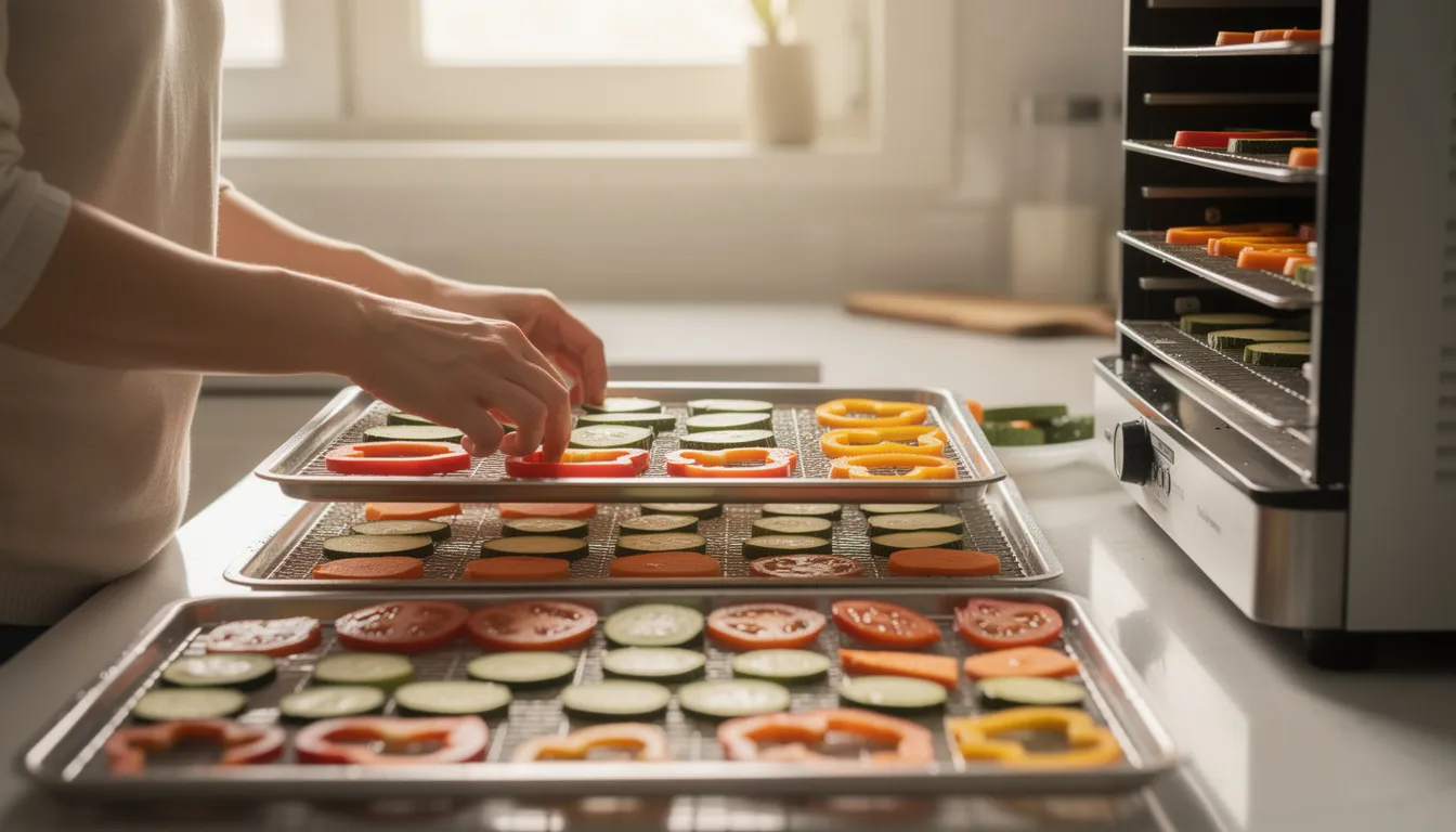 March 4, 2026 | A person is loading sliced vegetables onto six stainless steel trays of a food dehydrator in a home kitchen, preparing for the drying process. The stainless steel unit features a glass door and a control panel for temperature control, ensuring even heat distribution for optimal dehydration of fruits and vegetables.
