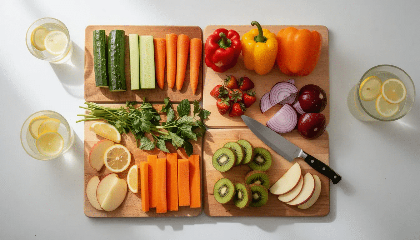 The image features various sliced fruits and vegetables, including apples and tomatoes, neatly arranged on cutting boards alongside a knife and bowls of lemon water, suggesting preparation for the dehydrating process. This setup hints at a kitchen scene where one might experiment with dehydrating food using tools like a toaster oven or drying racks for crispy, crunchy results.