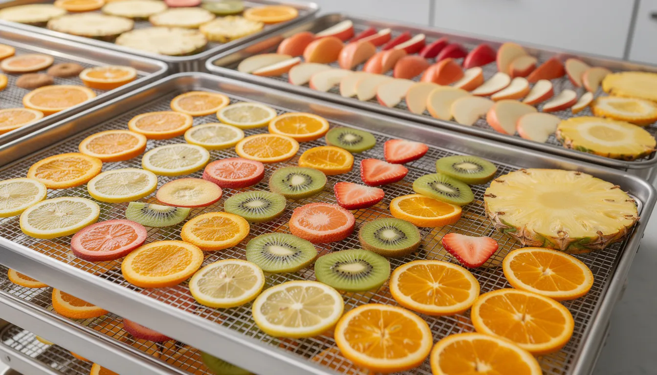 March 4, 2026 | The image features six stainless steel trays loaded with vibrant, neatly arranged slices of various fruits, showcasing the drying process in a food dehydrator. The stainless steel construction ensures even heat distribution, making it ideal for preparing dehydrated snacks like fruit leather and jerky.