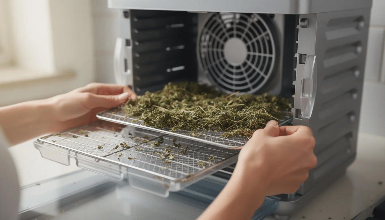 A person is seen removing dried herbs from a food dehydrator, which features stainless steel trays and a powerful fan in the background. This image illustrates the drying process of preserving food, showcasing the efficient heat distribution and adjustable temperature settings of the dehydrator machine.