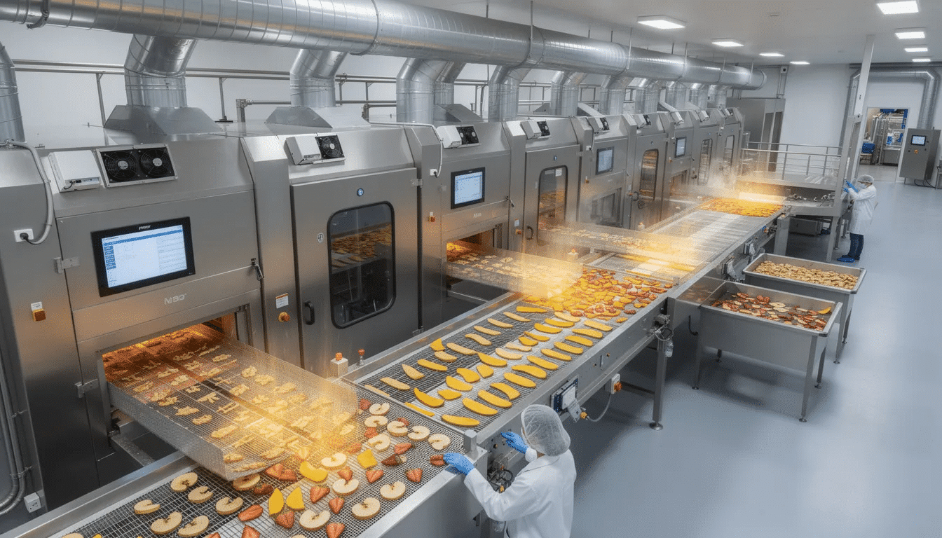 The image depicts a continuous mesh belt conveyor dryer in an industrial setting, featuring multiple drying zones where fruit slices are processed. This commercial food dehydrator efficiently utilizes hot air to enhance the drying process, ensuring high-quality dried fruit while maximizing energy savings and capacity.