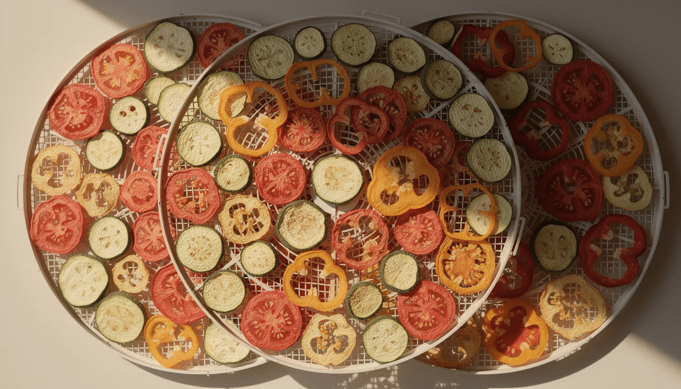 The image features a colorful arrangement of dried vegetable slices, including vibrant tomatoes, zucchini, and peppers, neatly spread across dehydrator trays. This display showcases the food preservation process of dehydrating vegetables, enhancing their shelf life while maintaining their color and flavor.