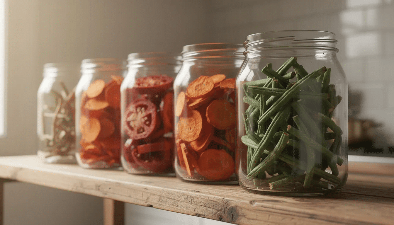 The image features glass jars filled with an array of colorful dehydrated vegetables, including vibrant carrots, juicy tomatoes, and crisp green beans, neatly arranged on a rustic wooden kitchen shelf. These dried vegetables are perfect for adding flavor to soups, sauces, or dishes, making them a versatile ingredient for home cooking.