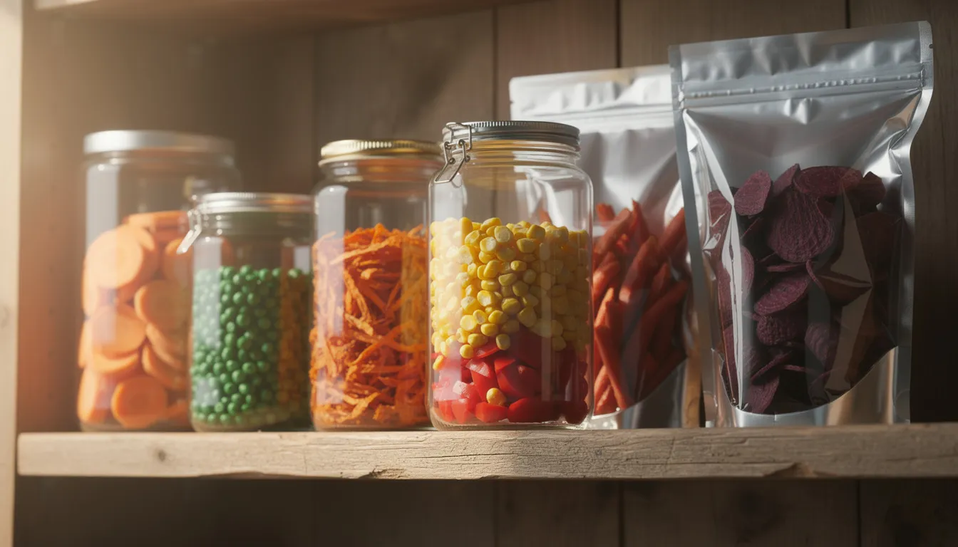 March 4, 2026 | The image showcases a variety of glass jars and Mylar bags filled with colorful dried vegetables, neatly arranged on a wooden shelf. These airtight containers are ideal for storing dehydrated foods, ensuring maximum freshness and extending shelf life.