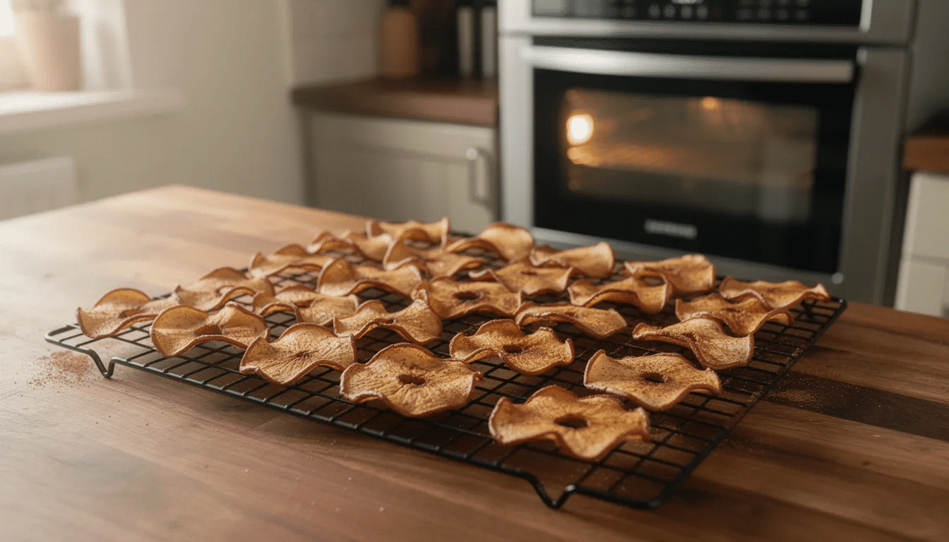 Golden apple chip rounds are neatly arranged on a wire cooling rack, showcasing a healthy snack option made using a Samsung oven. In the background, the oven is visible, highlighting its dehydrate mode feature for making homemade snacks from fruits and vegetables.
