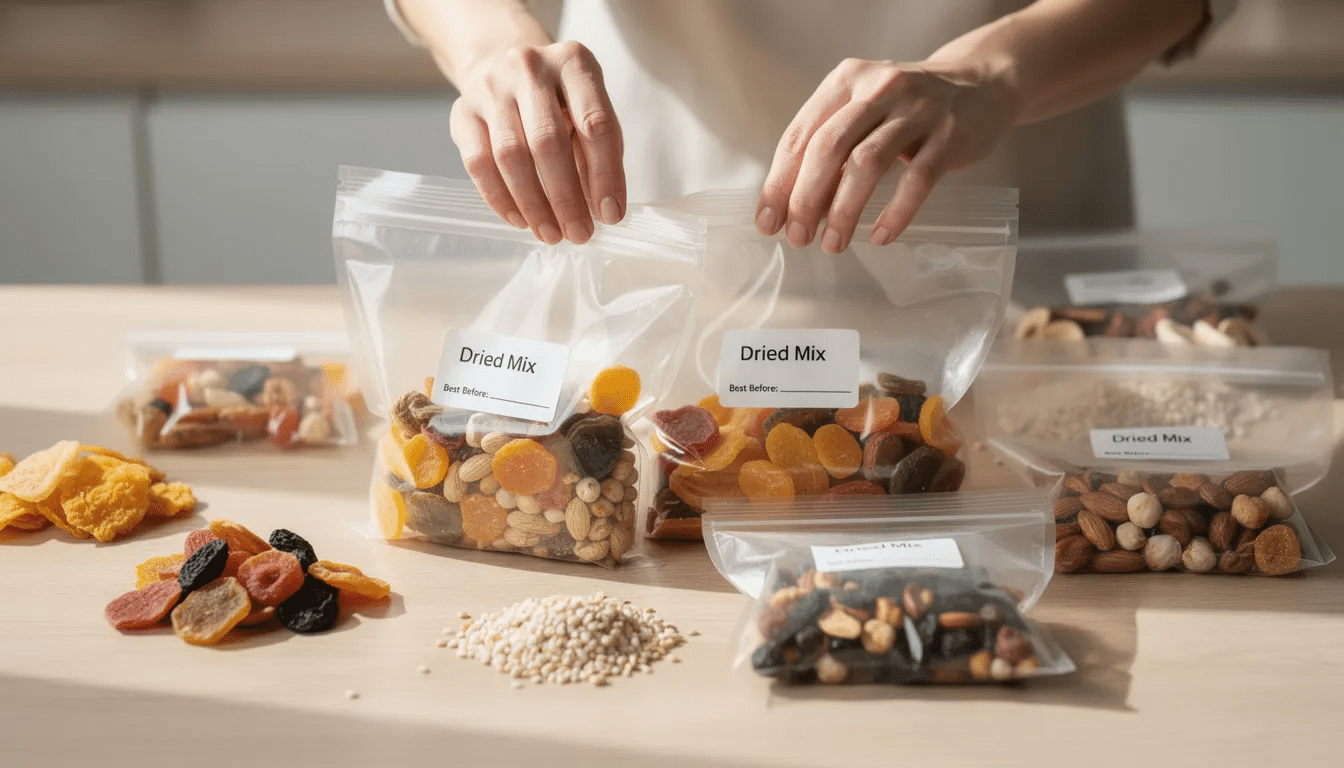 The image shows hands carefully packaging dehydrated food into labeled plastic bags, preparing for storage or backpacking trips. Various types of dried meals, including fruits and vegetables, are organized for easy access and optimal shelf life.