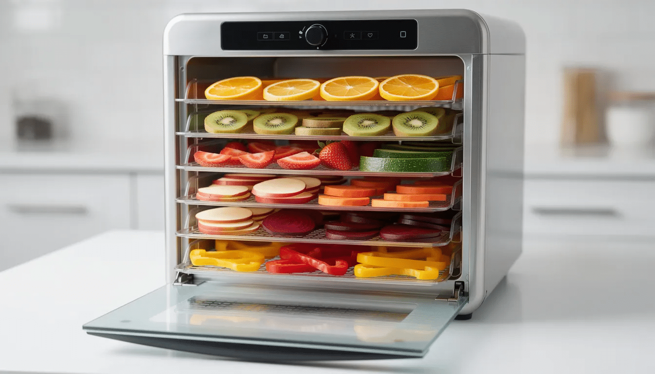 The image features a modern food dehydrator with multiple plastic trays filled with vibrant sliced fruits and vegetables, showcasing the drying process for preserving food. The dehydrator is designed for even heat distribution, making it ideal for creating dried foods like apple chips and kale chips.