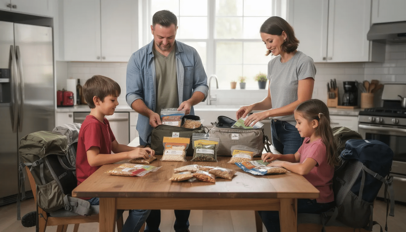 A family is gathered around a kitchen table, packing pouches of dehydrated food into backpacks, preparing for emergency situations. The scene highlights their focus on emergency preparedness, as they organize nutritious meals with a long shelf life for their food supply.