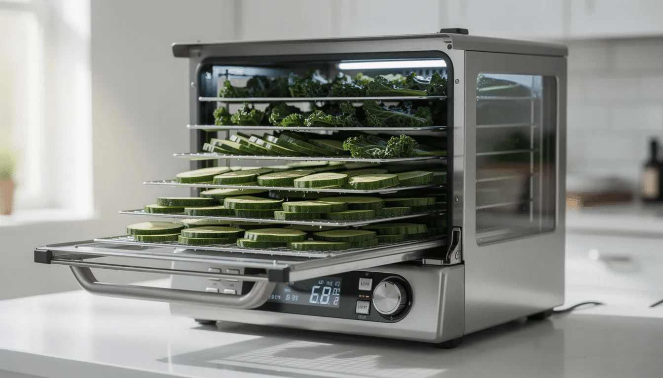 The image shows a dehydrator with multiple trays filled with pieces of green vegetables, including broccoli florets, ready for drying. This setup is ideal for dehydrating frozen vegetables, allowing for long-term storage and easy preparation for meals.