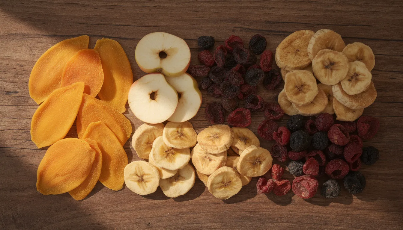 A variety of dried fruits, including mango slices, apple rings, banana chips, and berries, are beautifully arranged on a rustic wooden surface, showcasing the results of the drying process typically utilized by a commercial food dehydrator. The vibrant colors and textures of the fruits highlight their preserved flavors and nutrients, making them an appealing and healthy snack option.