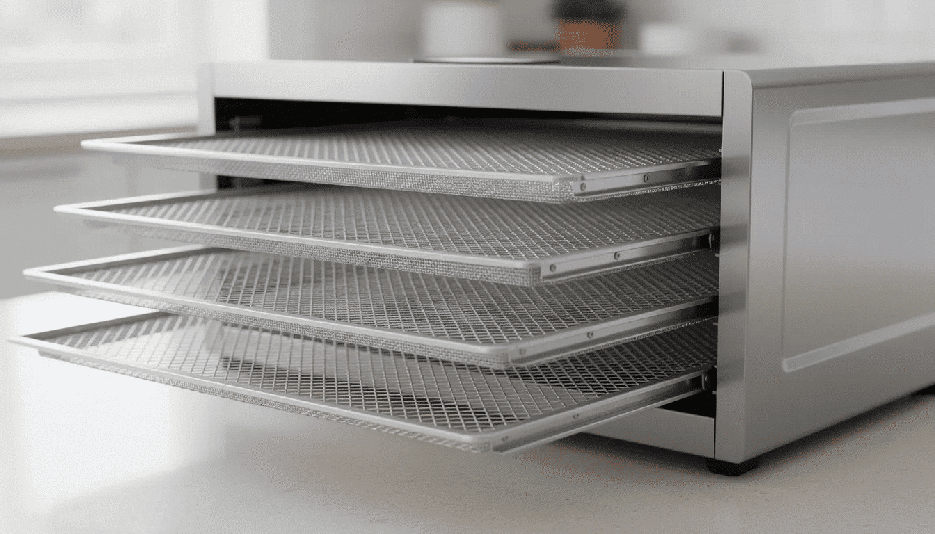 The image displays stacked trays of a food dehydrator, showcasing mesh screens that facilitate air circulation for efficient drying. Included in the setup are silicone dehydrator sheets, which are often mentioned in the instructions for making dehydrated foods.