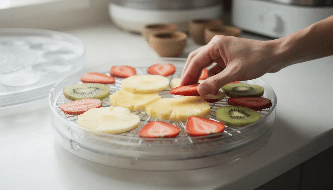 A pair of hands is carefully arranging uniform slices of fresh fruit on stackable dehydrator trays, showcasing the preparation process for using a food dehydrator in the kitchen. The vibrant colors of the fruits are highlighted against the clean condition of the trays, ready for drying.