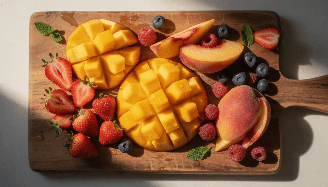 A vibrant assortment of fresh strawberries, mangoes, peaches, and mixed berries is beautifully arranged on a wooden cutting board, showcasing the colorful fruit mixture that can be used to make delicious fruit leather or fruit roll ups. The bright colors and varied textures highlight the potential for creating homemade fruit snacks using a dehydrator or food processor.