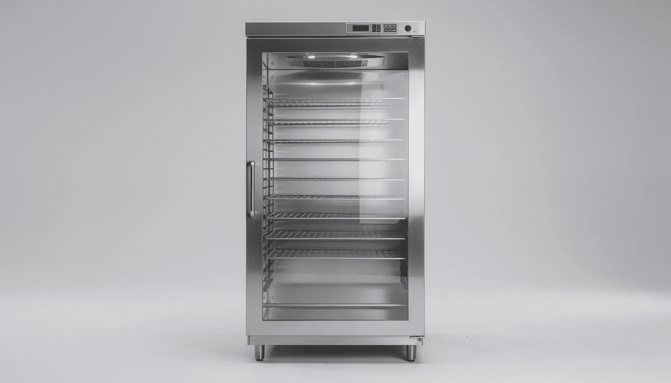 The image features a large stainless steel commercial food dehydrator with multiple shelves visible through a glass door, showcasing various dehydrated foods such as fruits and vegetables. This high-end machine is designed for efficient drying, preserving the nutrients and extending the shelf life of food items.
