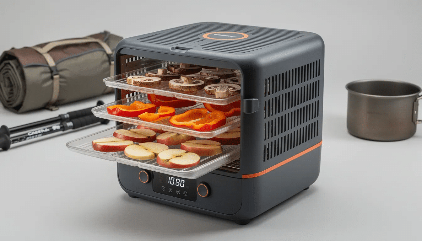 The image depicts a food dehydrator with several stacked trays filled with sliced fruits and vegetables, showcasing the process of dehydrating food for backpacking meals. This setup is ideal for creating your own dehydrated ingredients, ensuring longer shelf life and easy storage for backcountry trips.