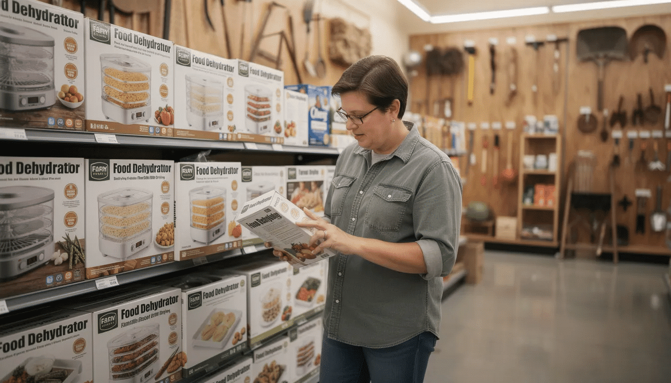A person is closely examining boxes of food dehydrators on the shelves of a farm supply store, surrounded by various agricultural products. The scene captures the shopper's interest in the rural king food dehydrator, highlighting the store's focus on farm and food preservation equipment.