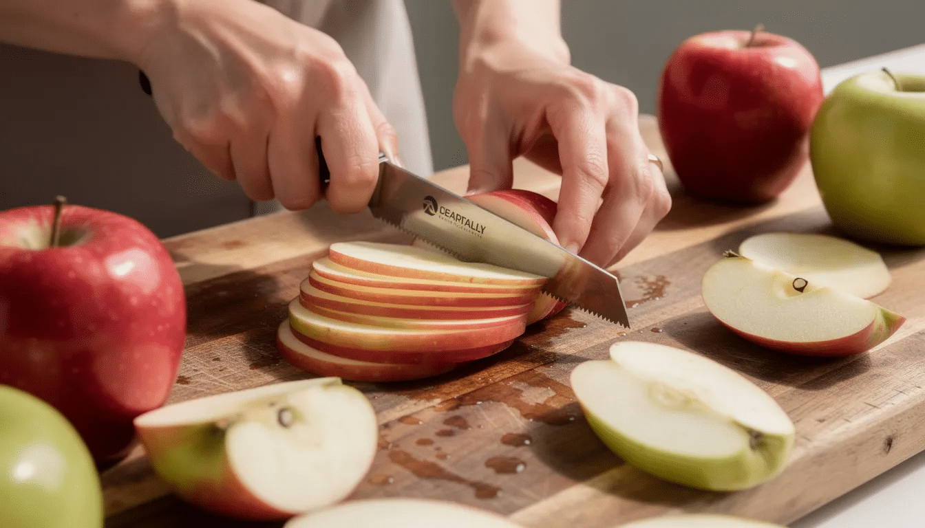 The image shows hands expertly slicing apples into thin, uniform pieces on a wooden cutting board using a mandoline slicer. This preparation is ideal for making apple chips or preserving food with a food dehydrator, ensuring even heat distribution during the drying process.