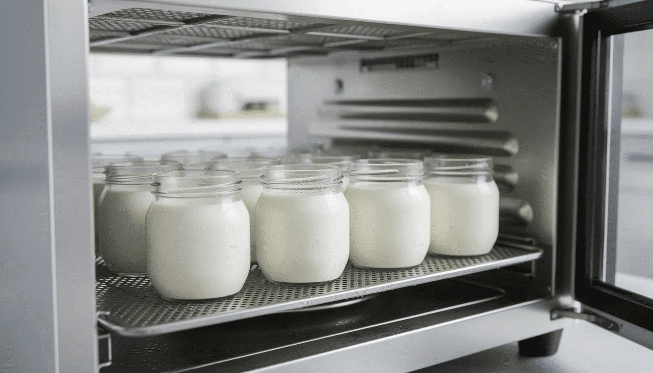 The image shows several glass jars filled with creamy white plain yogurt, neatly arranged on metal trays inside an open food dehydrator. This setup is perfect for making homemade yogurt, utilizing a yogurt starter culture to create a healthy snack.