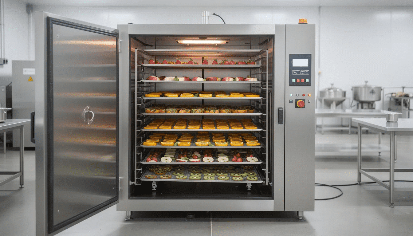 The image depicts a large industrial food dehydrator featuring multiple stainless steel trays filled with an assortment of fresh fruit slices, showcasing the food drying process in a commercial processing facility. This efficient dehydrator machine utilizes hot air to enhance food preservation, ensuring a longer shelf life for the dried fruit.