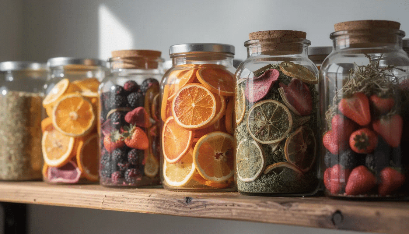 The image features glass jars filled with vibrant, colorful dried fruit slices, such as apples and tomatoes, alongside crumbled herbs, all neatly arranged on a wooden shelf. This display highlights the dehydrating process, showcasing the crispy, crunchy results of using tools like a toaster oven or dehydrator to prepare healthy snacks.