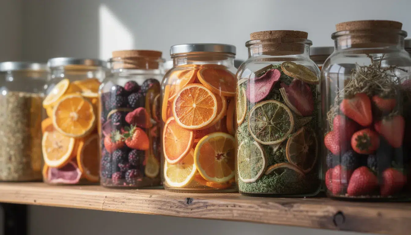 The image features glass jars filled with vibrant, colorful dried fruit slices, such as apples and tomatoes, alongside crumbled herbs, all neatly arranged on a wooden shelf. This display highlights the dehydrating process, showcasing the crispy, crunchy results of using tools like a toaster oven or dehydrator to prepare healthy snacks.