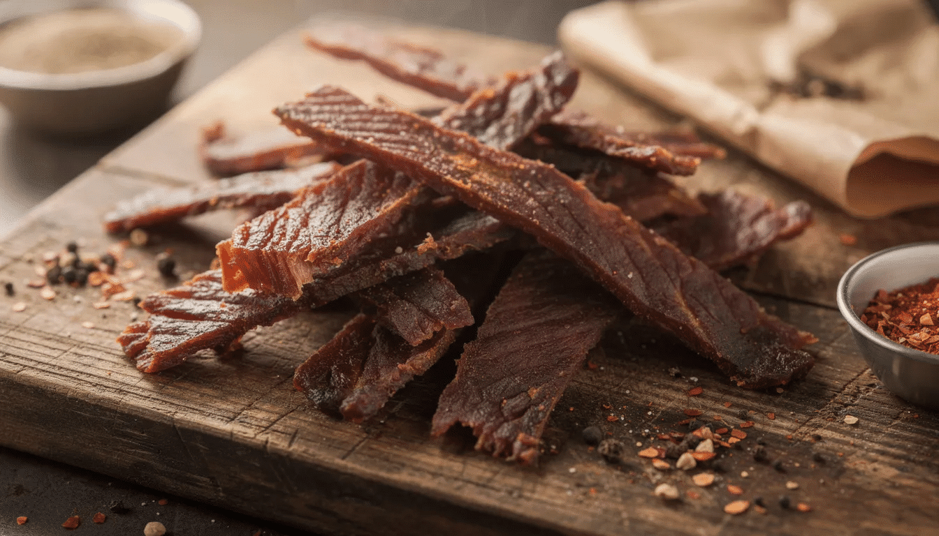 The image showcases a delicious batch of homemade beef jerky, sliced into thin strips and arranged neatly on a tray. This savory snack, made from lean cuts of beef marinated with spices like soy sauce and red pepper flakes, is perfect for enjoying on-the-go or during outdoor activities.