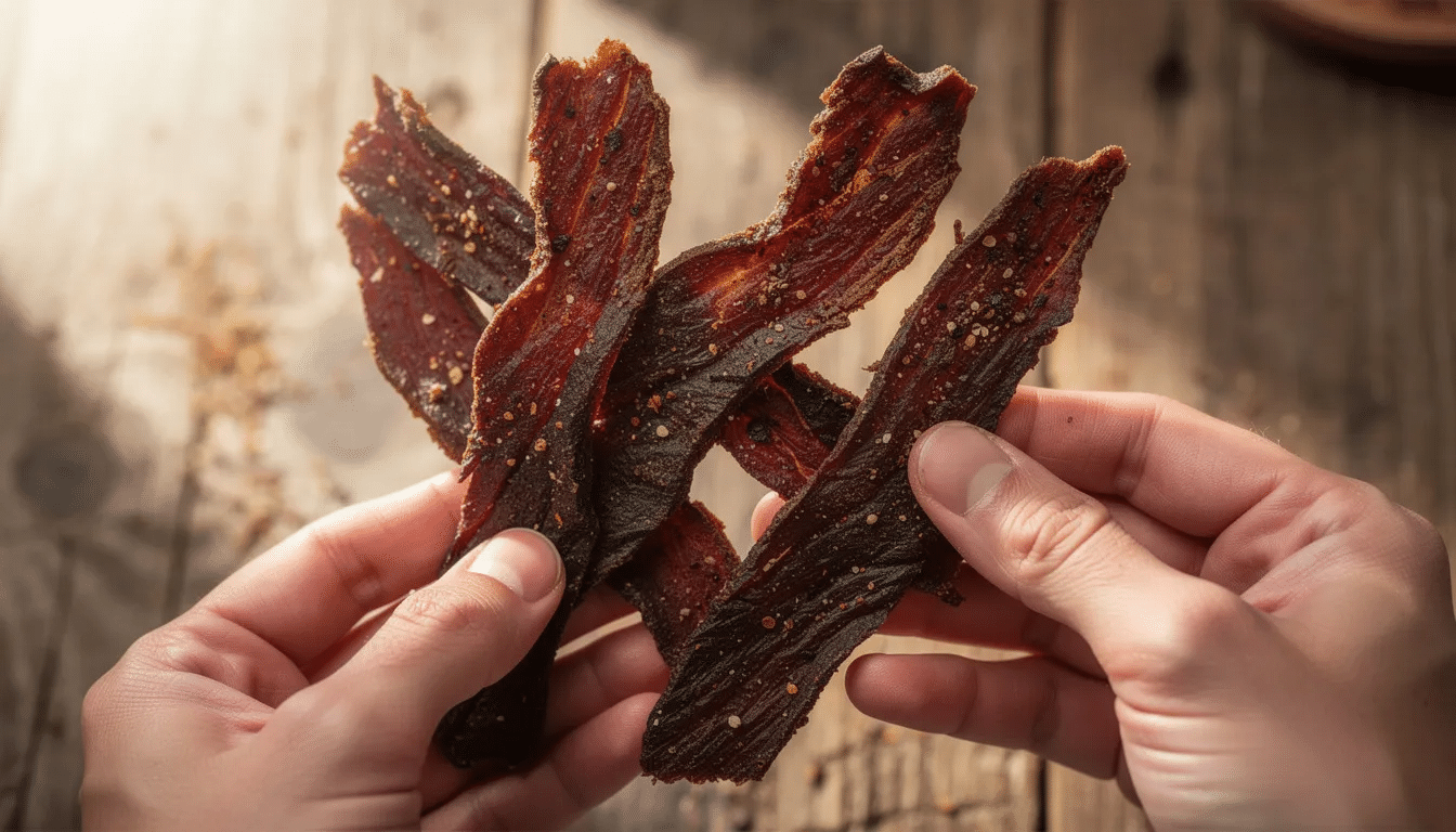 A person's hands are holding several strips of homemade jerky, showcasing the tender texture and flavorful seasoning of the meat. This delicious batch represents the rewarding process of making jerky, whether using an electric smoker or a dehydrator.