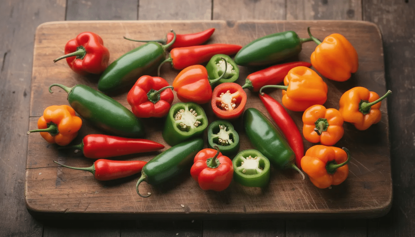 A vibrant arrangement of fresh hot peppers, including red cayenne, green jalapenos, and orange habaneros, is displayed on a rustic wooden cutting board. This colorful selection showcases the variety of chili peppers that can be used in recipes, and they are perfect for the drying process to create dehydrated peppers or hot pepper flakes.