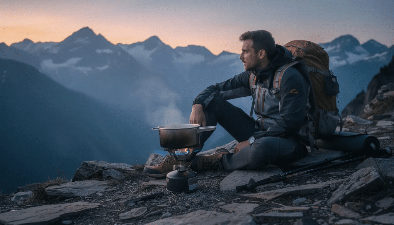 A backpacker sits near a small camp stove, cooking a steaming pot of tasty soup made from dehydrated ingredients, surrounded by mountainous terrain at dusk. The scene captures the essence of preparing backpacking meals, highlighting the simplicity and warmth of enjoying a meal in nature.