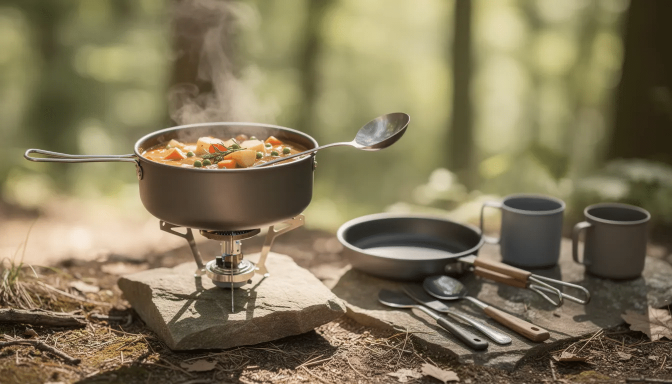The image shows a pot of vegetable stew simmering over a small camp stove in an outdoor setting, with various ingredients like dehydrated vegetables, including green beans, carrots, and bell peppers, being prepared for a nutritious meal. The scene captures the essence of camping cooking, highlighting the use of hot water and seasonings to create a flavorful dish that can be served hot.