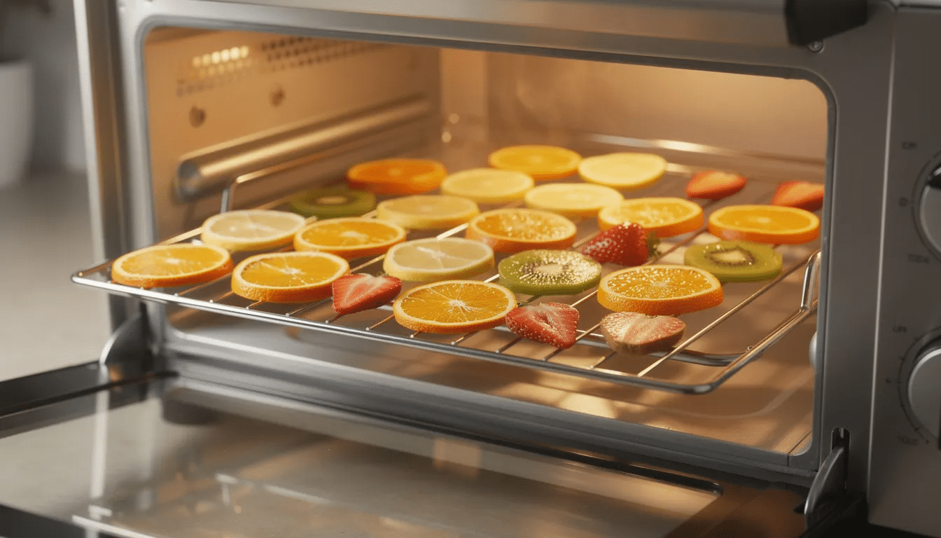 Sliced fruits, including apples and tomatoes, are arranged neatly in a single layer on wire racks inside a small countertop toaster oven, ready for the dehydrating process. The setup allows for even heat distribution, making it easy to create crispy, crunchy snacks without preservatives.