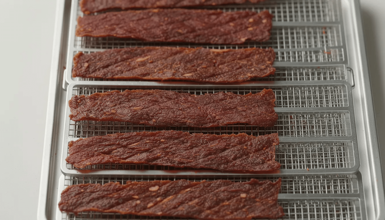 The image shows properly spaced jerky strips on dehydrator trays, with visible gaps between each piece, ensuring optimal air circulation during the dehydration process. This setup is ideal for making homemade beef jerky, allowing moisture to escape and creating chewy jerky that is shelf stable.