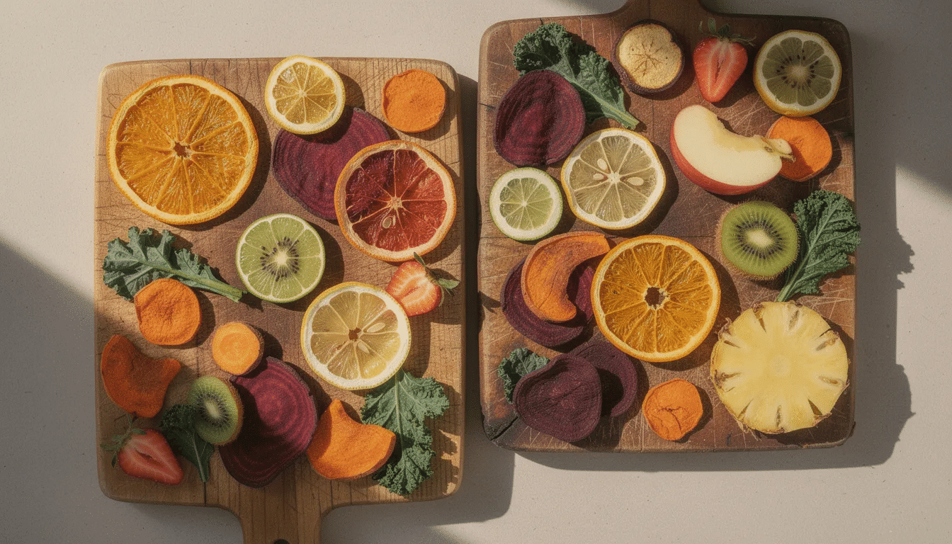 A vibrant assortment of dehydrated fruit slices, including apples and mangoes, along with colorful vegetable chips, is beautifully arranged on wooden cutting boards. This display showcases the delightful results of the dehydration process, offering a nutritious and flavorful way to preserve seasonal harvests.