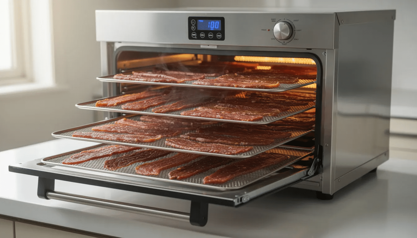 The image depicts a large stainless steel food dehydrator with six stainless steel trays pulled out, showcasing strips of meat being dried into homemade dog treats. The dehydrator features a digital control panel for temperature adjustments, ideal for making healthy dehydrated dog treats like beef jerky and sweet potatoes.