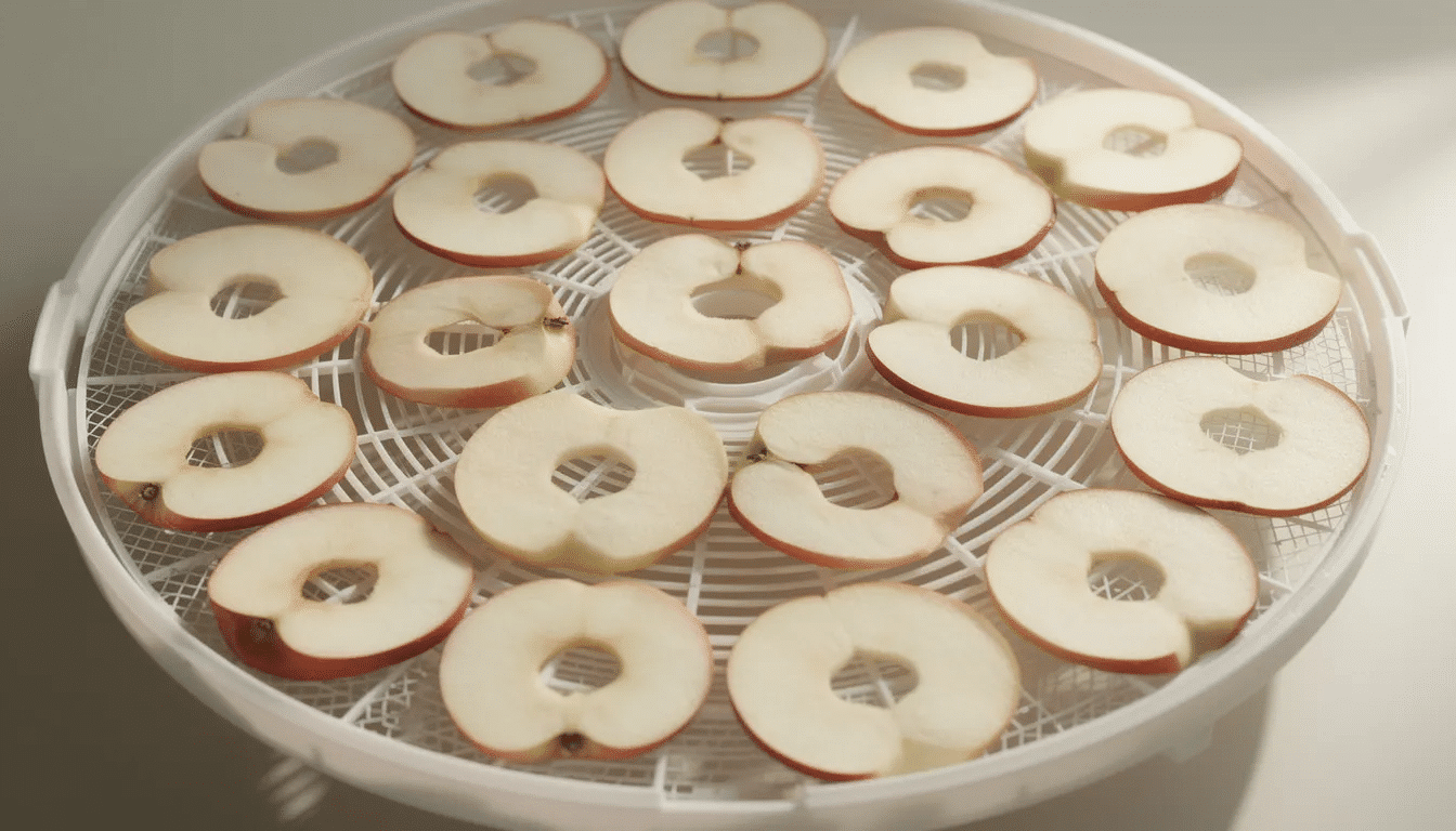 The image shows evenly spaced apple slices neatly arranged on a dehydrator tray mesh, showcasing the process of making dried fruit. Silicone dehydrator sheets are likely used to prevent sticking, as outlined in the food dehydrator instructions included in the Excalibur dehydrator user manual.