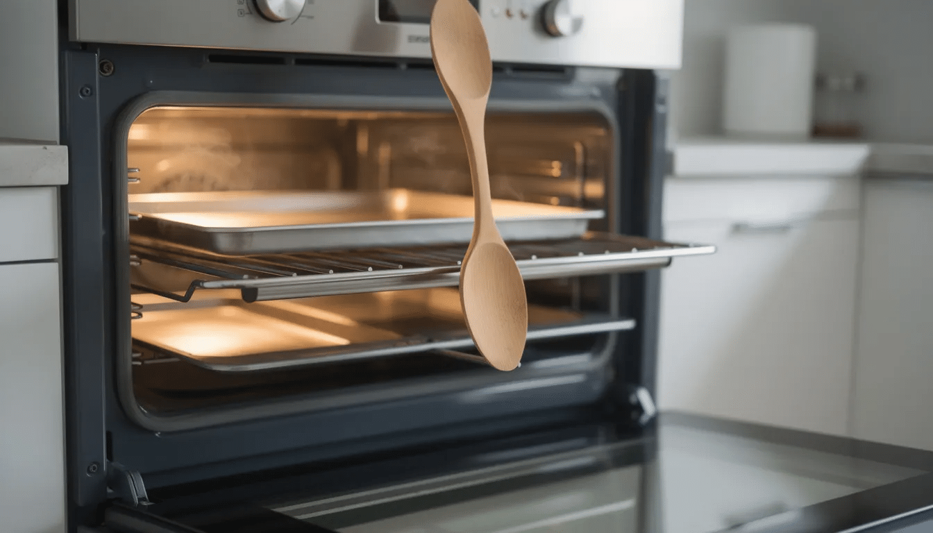 The image shows a kitchen oven with the door slightly open, propped by a wooden spoon, revealing baking sheets inside that may contain slices of fresh fruit like apples, peaches, or strawberries, possibly for drying. The warm air inside the oven is intended to dehydrate the fruit, helping to remove remaining moisture and extend its shelf life.