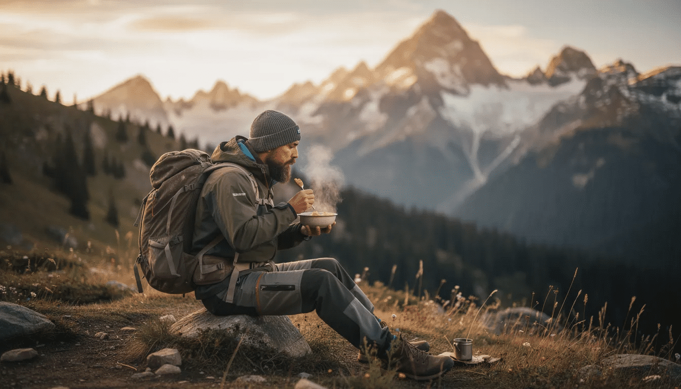 A hiker sits on a rocky surface, enjoying a warm meal from a bowl, with majestic mountains in the background. The meal consists of rehydrated food, likely including dehydrated vegetables and meat, perfect for fueling their backpacking trip in the Pacific Northwest.