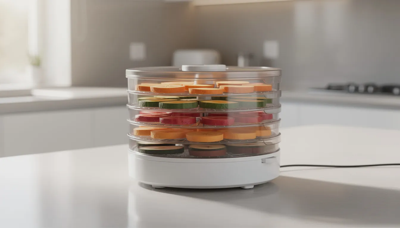 A round 5 tray dehydrator is positioned on a clean kitchen counter, showcasing its stacked trays ready for use in the drying process. This unit is designed for drying fruits, vegetables, and making jerky, providing ample space for large batches while helping to preserve food and reduce waste.