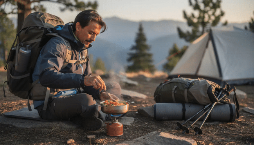 A backpacker sits by a camp stove, carefully preparing a meal in a pot with rehydrated organic dried vegetables, including carrots and onions. The scene captures the essence of a healthy lifestyle as they cook nutritious and tasty dishes, ideal for outdoor adventures.