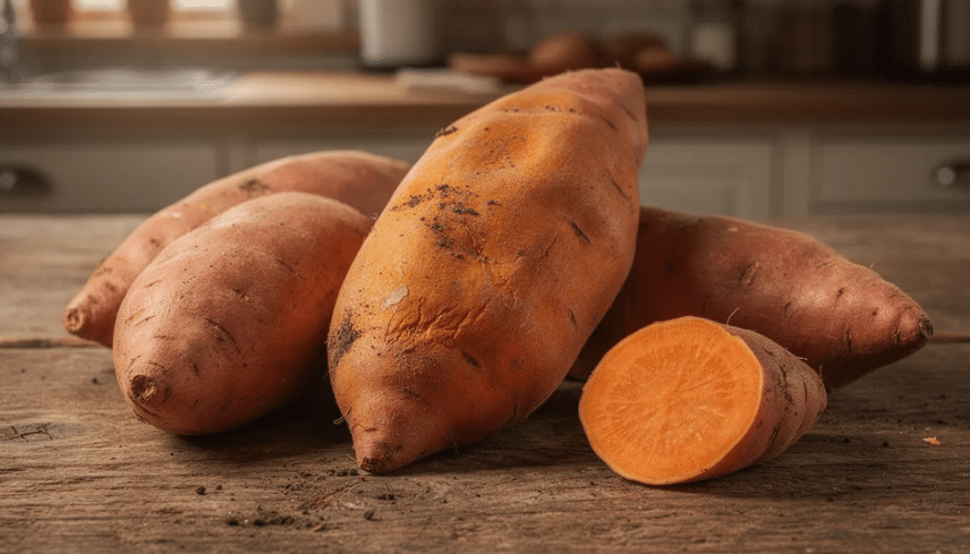 The image showcases a vibrant assortment of sweet potatoes, highlighting their rich orange color and smooth texture. These organic dried vegetables are perfect for adding nutritional value to soups, stews, and casseroles, making them an ideal choice for a healthy lifestyle and emergency preparedness.