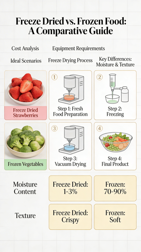 The image illustrates a comparative guide on the cost, equipment, and appropriate scenarios for choosing between freeze dried food and frozen food, highlighting the freeze drying process that preserves nutritional value and shelf life. It features examples like freeze dried strawberries and frozen vegetables, emphasizing the key differences in moisture content and texture between these popular food preservation methods.