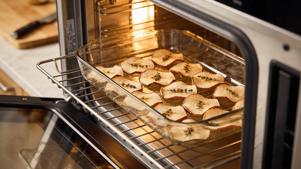 Dried fruit chips in an oven.