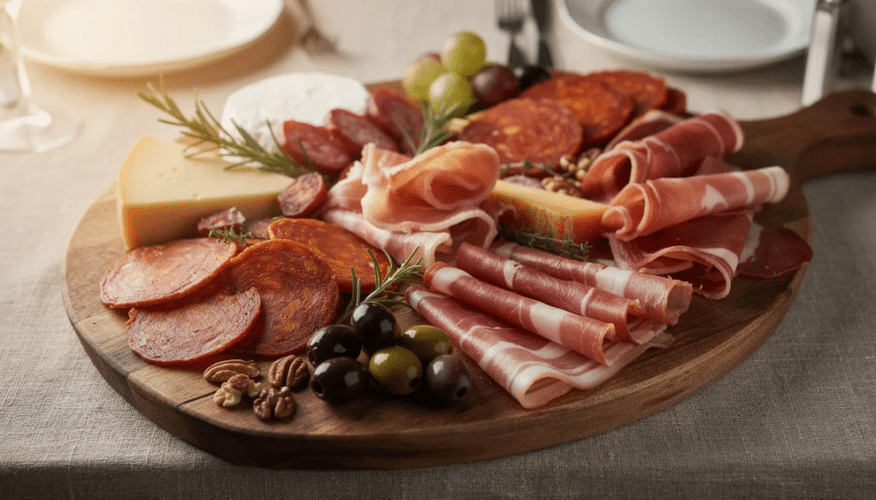An elegant charcuterie board showcases a variety of sliced cured meats, including salami and prosciutto, arranged artfully to highlight their quality and flavor. This assortment provides a convenient selection of protein options, perfect for entertaining or enjoying a taste of small batches of carefully crafted meats.