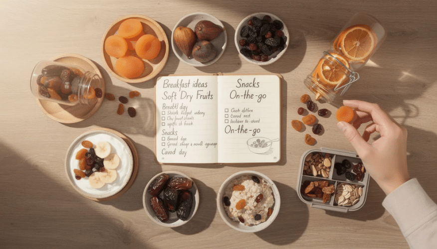 The image depicts a vibrant assortment of soft dry fruits, including chewy dried mangoes, apples, and pineapples, arranged beautifully on a wooden platter. This colorful display highlights the delicious flavors and nutritional benefits of these sweet snacks, perfect for enjoying in everyday life.