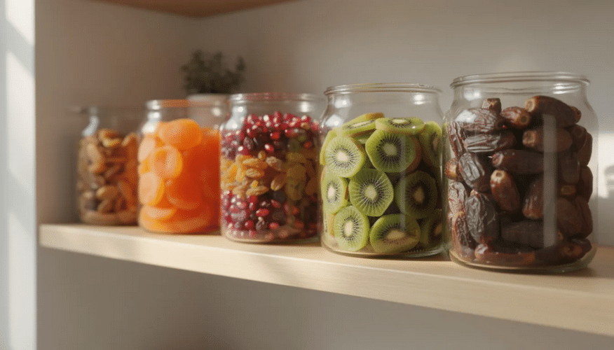 The image features a collection of glass storage jars filled with an assortment of colorful soft dried fruits, including vibrant dried mangoes and pineapples, neatly arranged on a kitchen shelf. These delicious and chewy snacks offer a sweet and healthy option for snacking or adding to desserts.